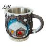 Santa Claus Drinkware Christmas Theme Mug with Stainless Steel Liner 3D Relief Hand Elk Tableware Painted Resin Coffee Cup Decorative for