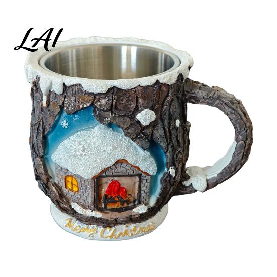 Santa Claus Drinkware Christmas Theme Mug with Stainless Steel Liner 3D Relief Hand Elk Tableware Painted Resin Coffee Cup Decorative for