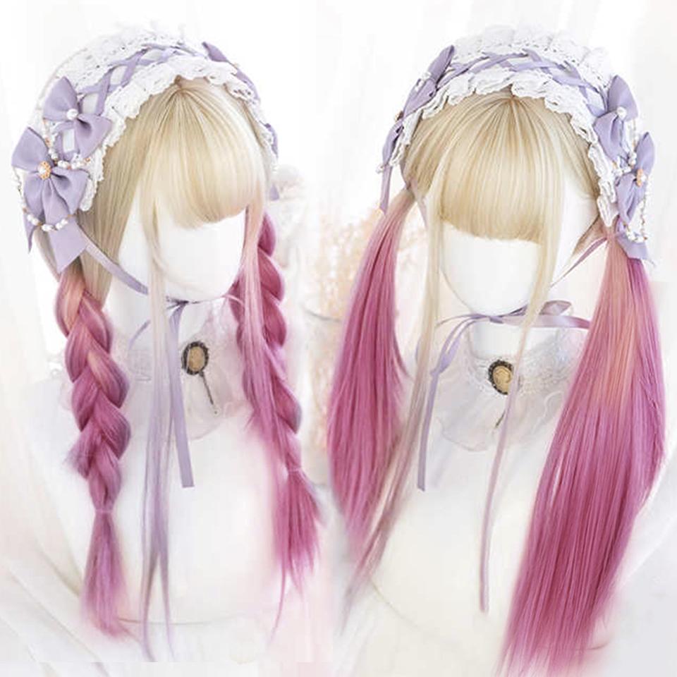 OLACARE синтетический длинный прямой парик Лолита с челкой парик для девочек милый омбре голубой блонд черный парик для косплея вечеринки Хэллоуина Харадзюку