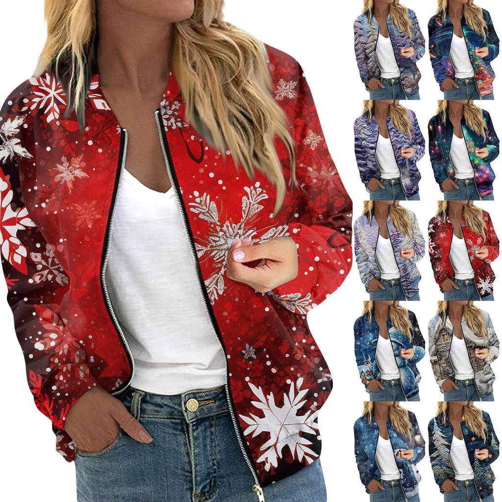 Женская легкая короткая куртка с длинными рукавами на молнии с принтом, повседневная стеганая куртка с карманами, рождественская