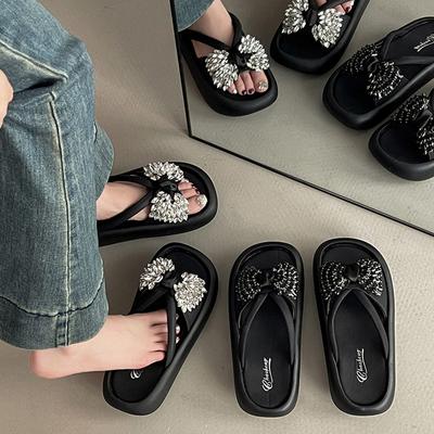 Модные женские летние шлепанцы с круглым носком и толстой подошвой в корейском стиле, универсальные и красивые, с темпераментом, повседневные сандалии-маффины со стразами, на перемычке