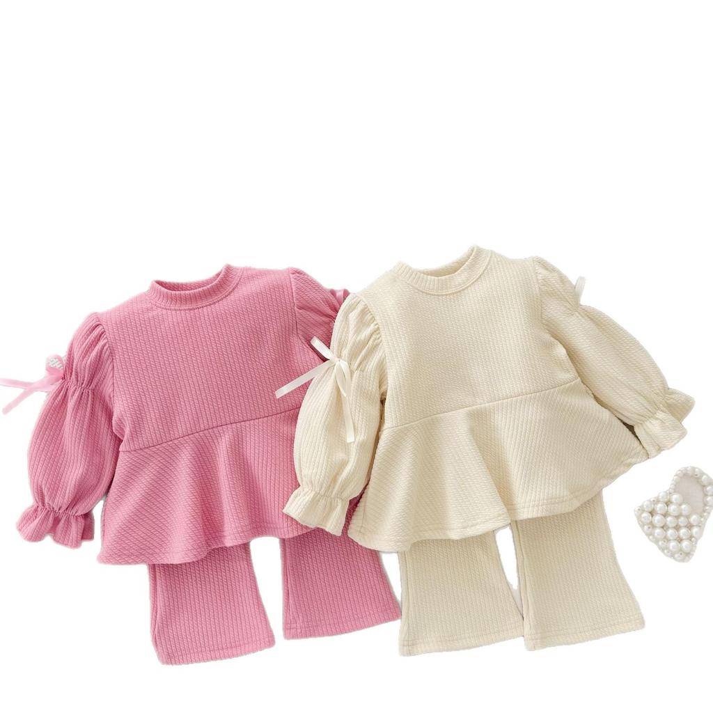 Корейский стиль, костюм для девочек с длинным рукавом, с бантом и оборками, расклешенные брюки - для малышей и детей младшего возраста