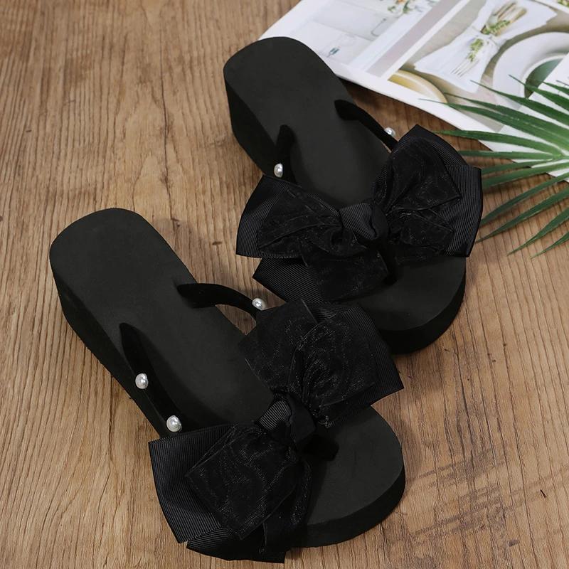 Женские сандалии, модные новые дышащие легкие удобные летние тапочки на танкетке с открытым носком и бантом и блестками, женские сандалии