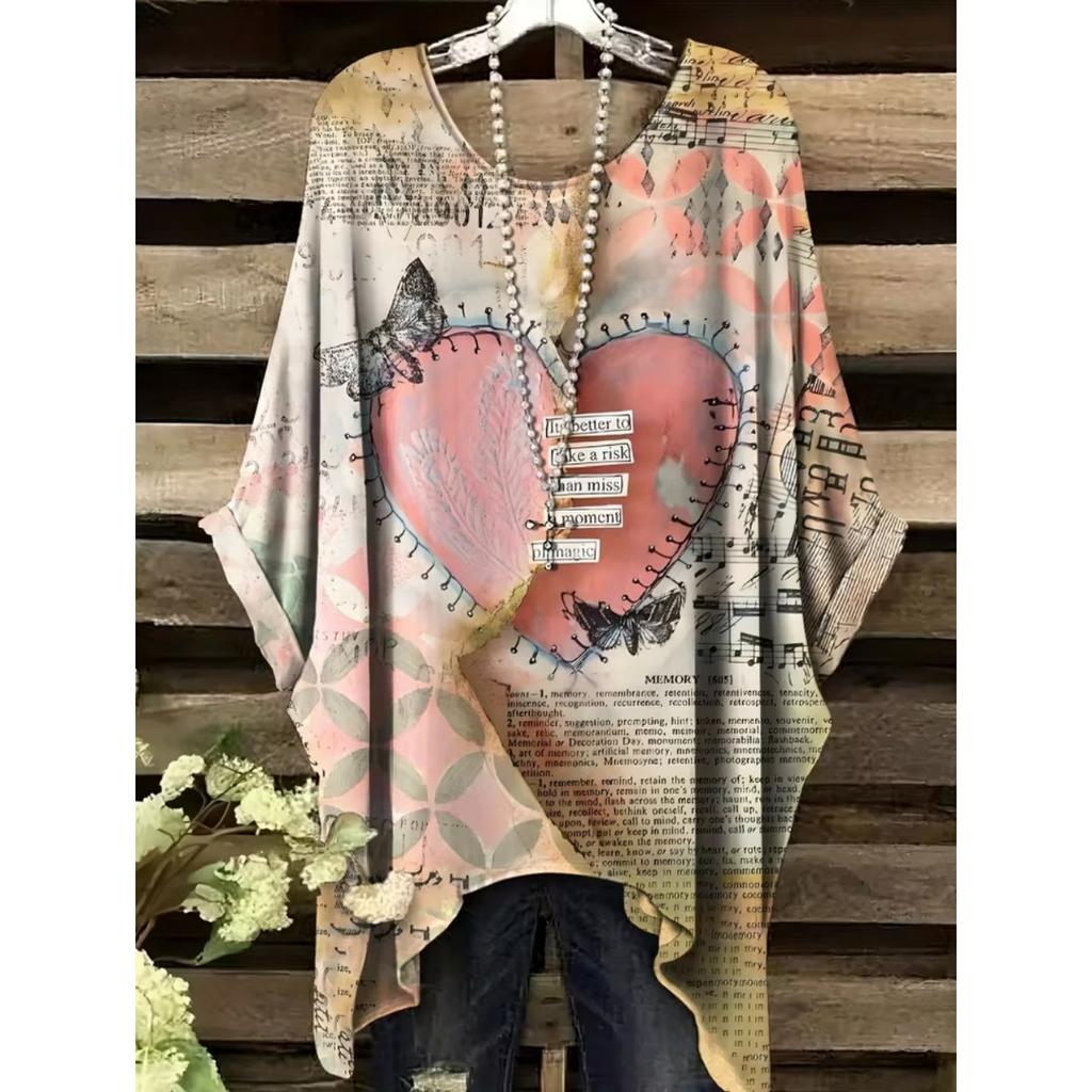 Elegant Bohemian Chic Oversized Simple Retro Love Print Print Women's T-Shirt Asymmetrical Hem O-Neck Versatile Women's Clothing