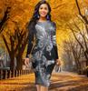 Long Sleeve Waist Tight Office Slim Fit Flowing Butterfly Printing Elegant Bodycon Dress