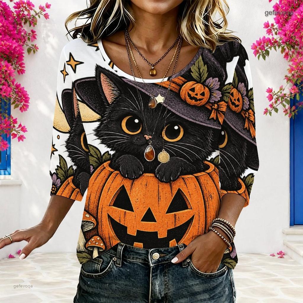 Women Plus Size Round Neck Half Sleeve Loose Halloween Black Cat Pumpkin Printed Blouse