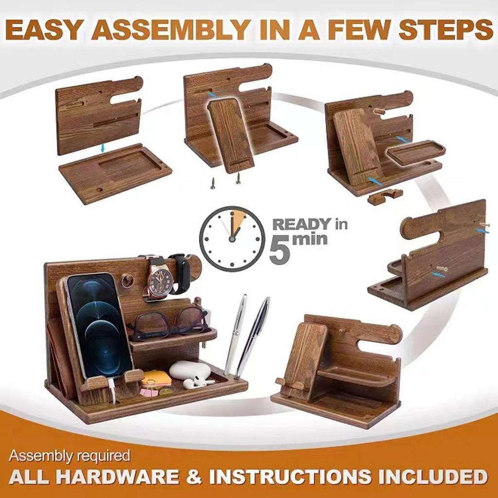 Wood Phone Docking Station Key Holder Wallet Stand Jewelry Watch Organizer Desk Accessories Men Husband Birthday Gift