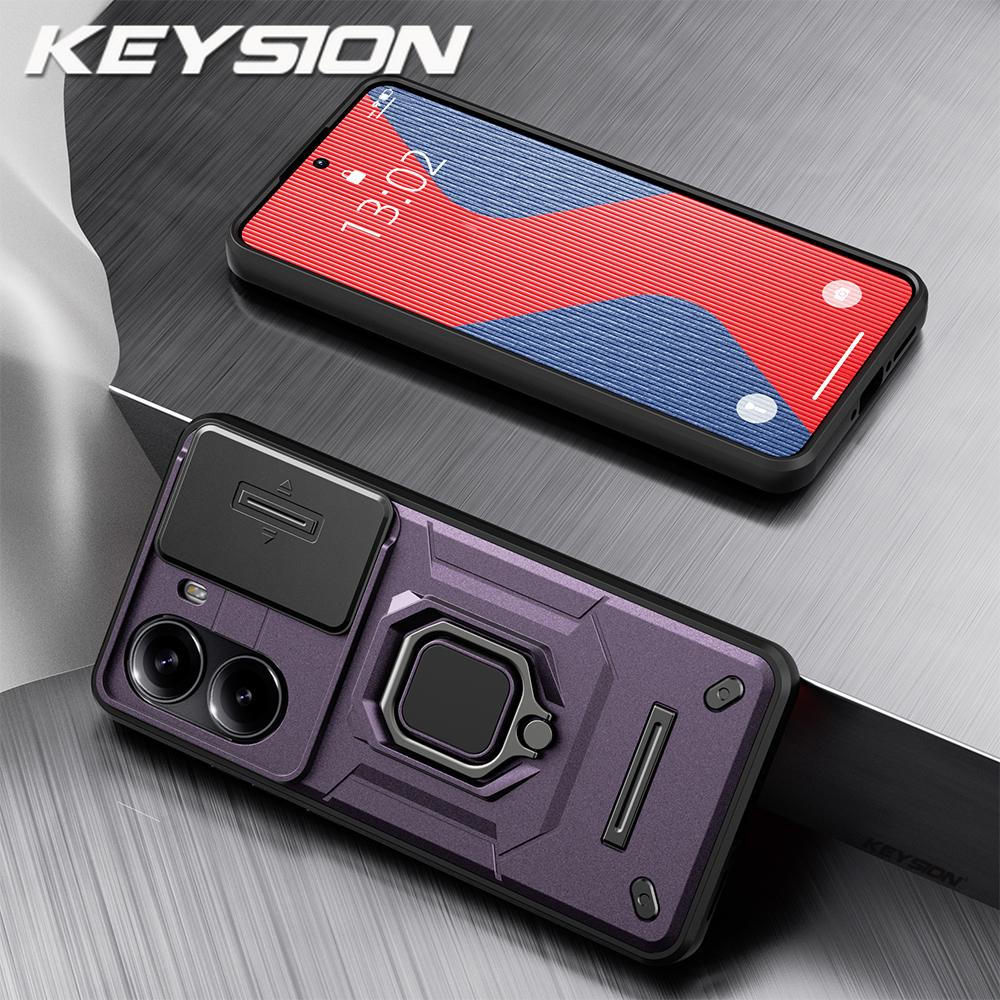 KEYSION Shockproof Armor Case for Xiaomi POCO X7 Pro Slide Camera Lens Protection Ring Stand Phone Back Cover for Redmi Turbo 4