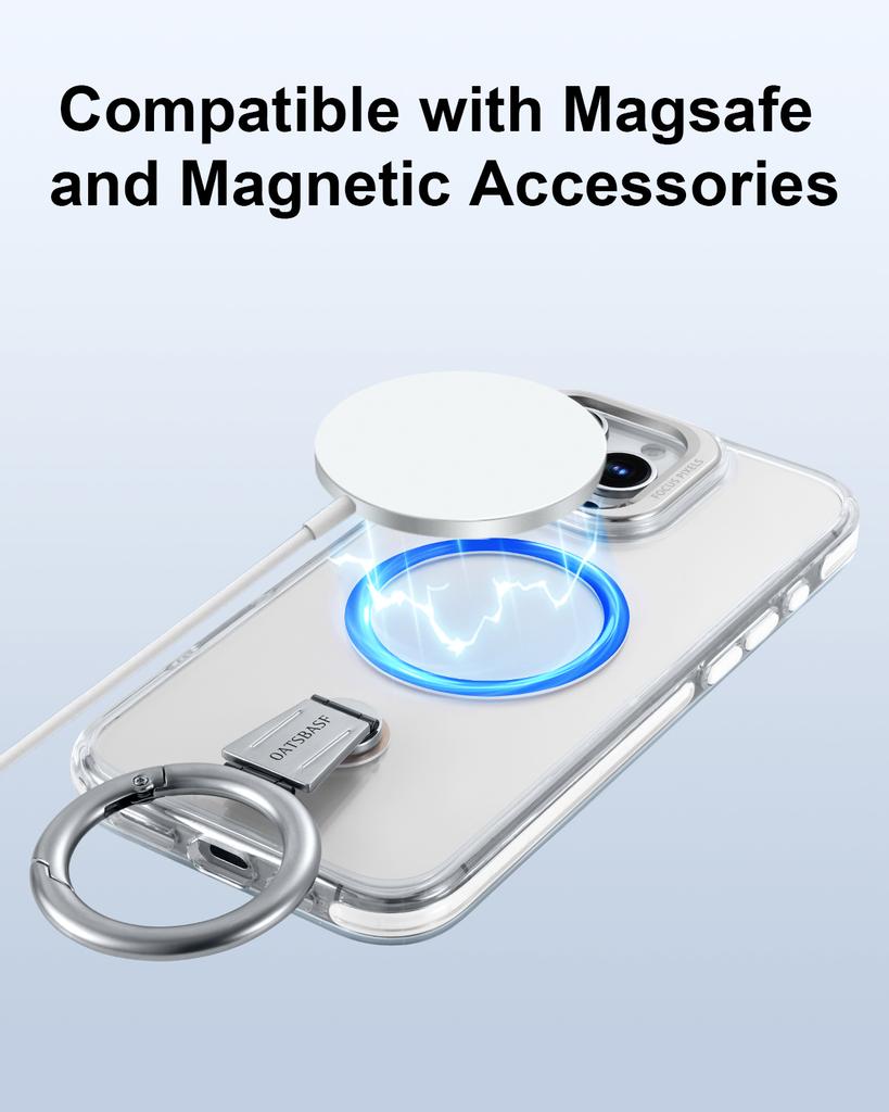 Oatsbasf for iPhone 16 15 Pro Max Phone Case with Magsafe 360°Rotatable Magnetic Ring Stand Transparent Bumper Protective Cover