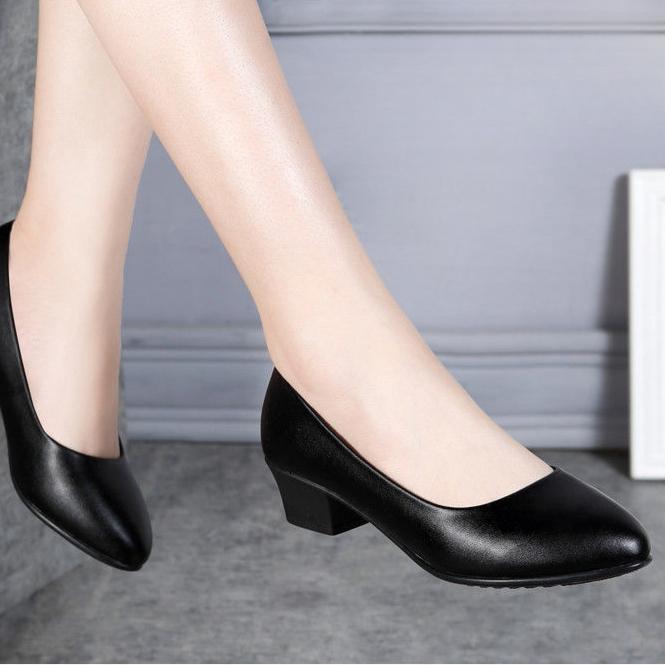 Одиночные женские туфли на среднем каблуке, весенние и летние рабочие туфли на толстом каблуке, женские черные нескользящие кожаные туфли