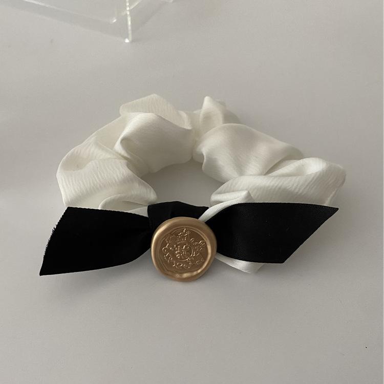Textured Black & White Bow Hair Ring - Large Korean Style with Satin, Pearl, & Simple Design
