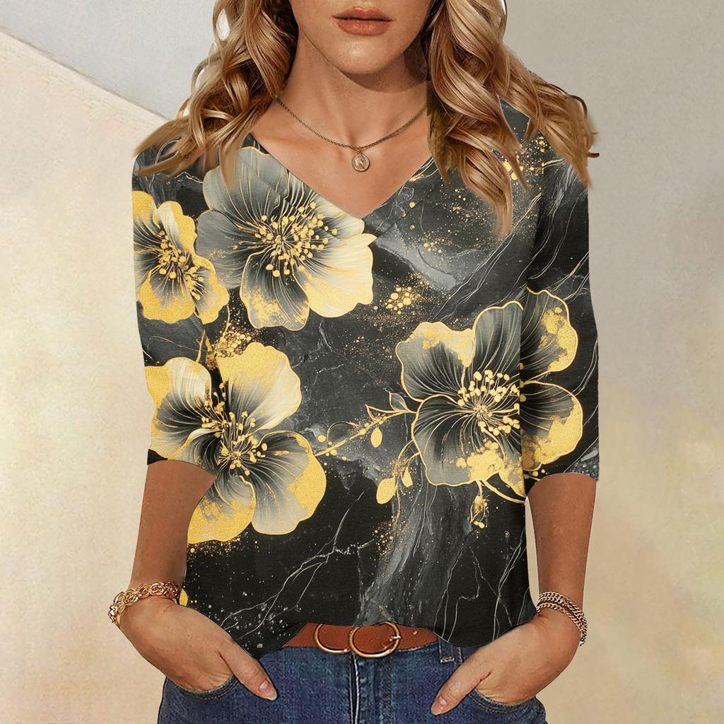 Женские топы, рубашка с рукавом три четверти, свободная повседневная рубашка с V-образным вырезом, футболка с цветочным принтом