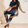 Women Plus Size Round Neck Short Sleeve Red Blue Printed Side Split Top Fitted Pants Two Piece Set