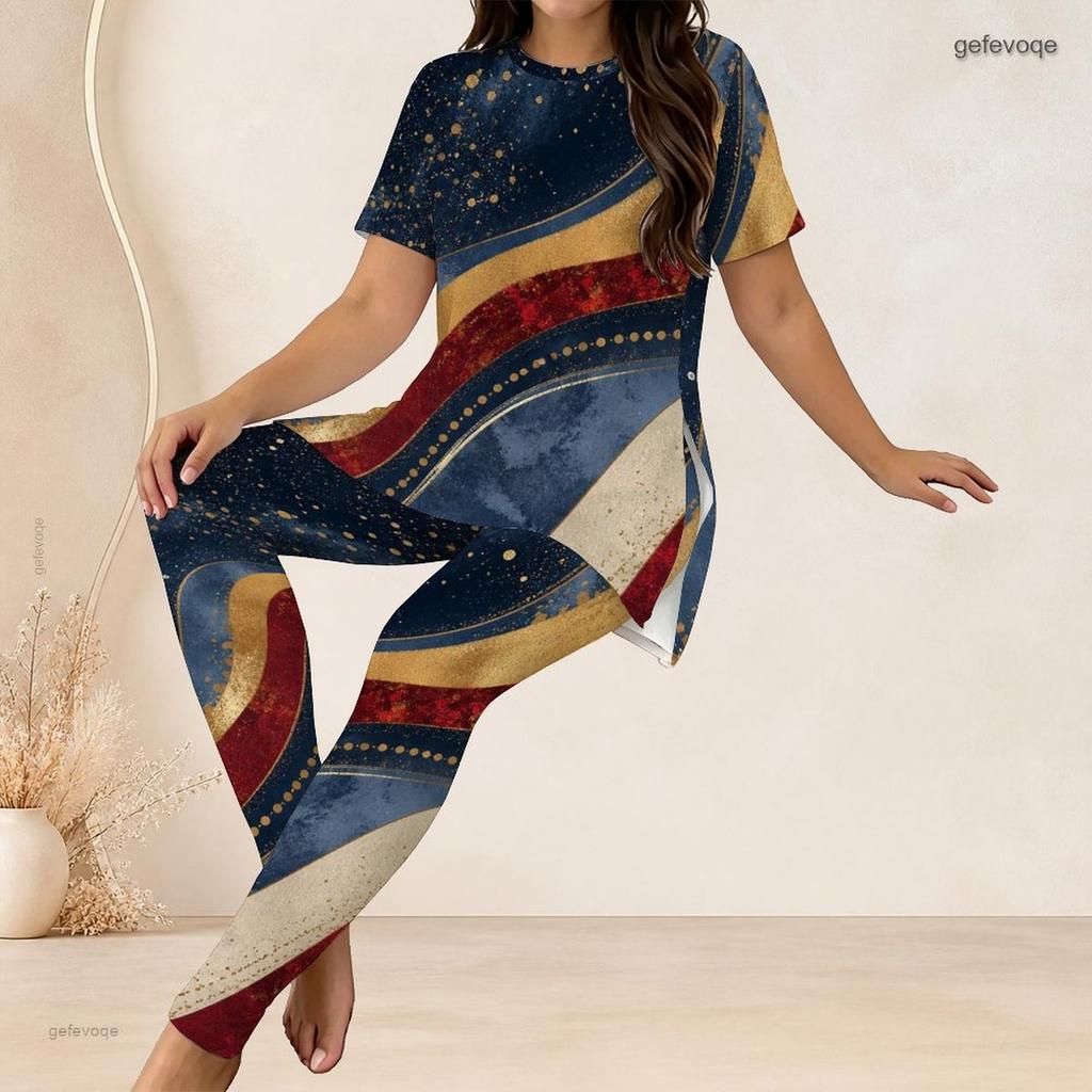 Women Plus Size Round Neck Short Sleeve Red Blue Printed Side Split Top Fitted Pants Two Piece Set