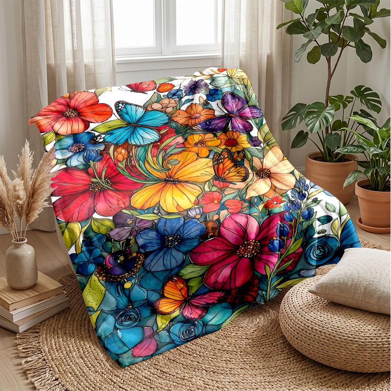 Vibrant Flowers and Butterflies Theme blanket Lightweight Warm Flannel Blanket Decorative Throw Blanket for Home Decoration