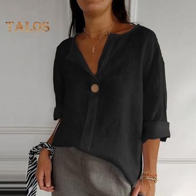 Женские топы с V-образным вырезом, застегивающиеся на пуговицы, с рукавом четверть длины, однотонные свободные топы-рубашки для работы и путешествий, повседневная одежда