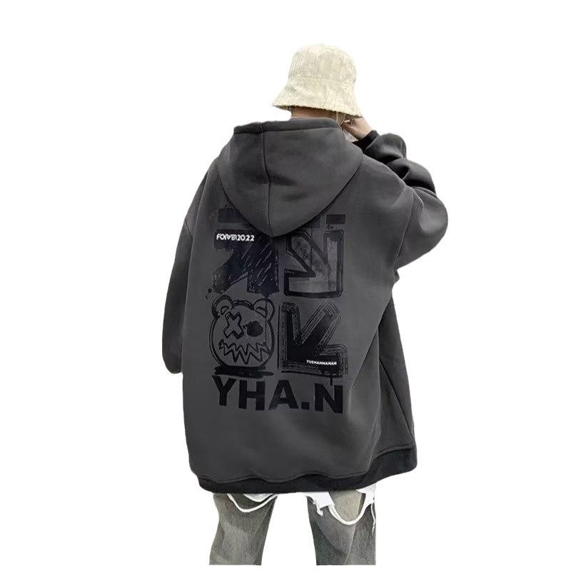 Мужская толстовка с капюшоном на плюшевой подкладке - Большой размер, Осень/Зима, Хип-хоп стиль, Модный свободный крой, Вдохновленная Америкой.