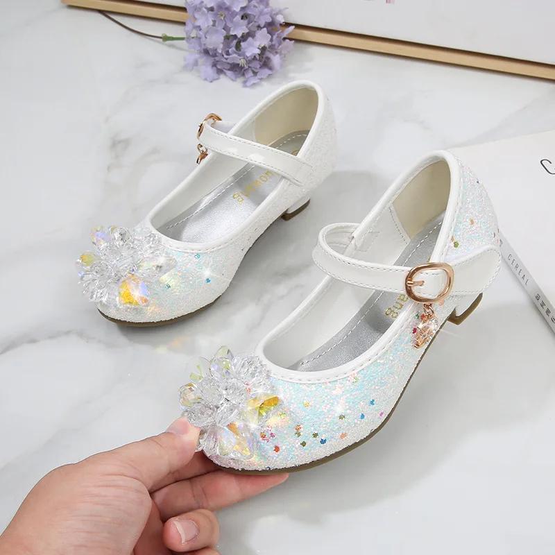 2024 Girl's High Heel Shoes for Party Wedding Kids Leather Shoe Luxury Rhinestone Children's Fashion Princess Causal Dress Shoes