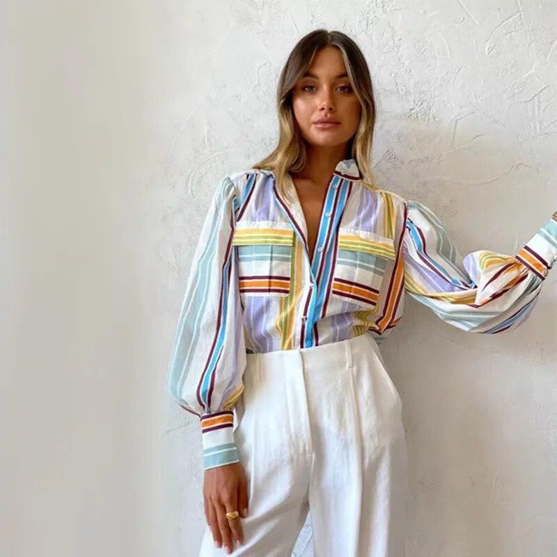Полосатая рубашка с рукавами-фонариками, женская праздничная мода, однобортный топ, свободные рубашки, женская летняя пляжная футболка с карманами, новинка 2023 г.