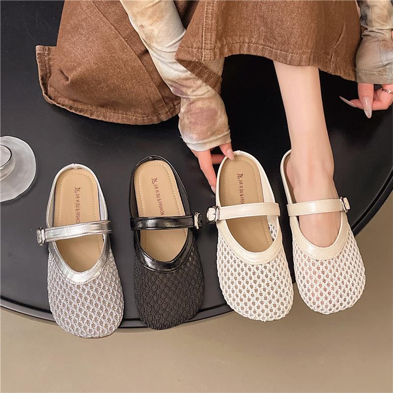 Baotou Half Slippers Women's Outer Wear 2025 New Summer Versatile Flat-bottomed Mesh Breathable Fairy Wind Soft Bottom Cool Slippers