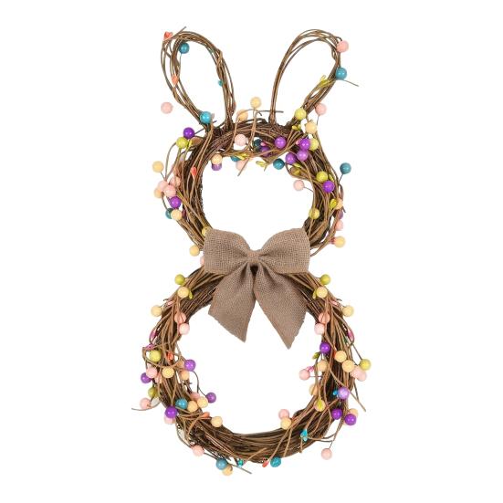 Easter Bunny Wreath with Pastel Eggs Artificial Twig Wreath with Burlap Bow Spring Rabbit Shaped Door Wreath for Front Door Decor