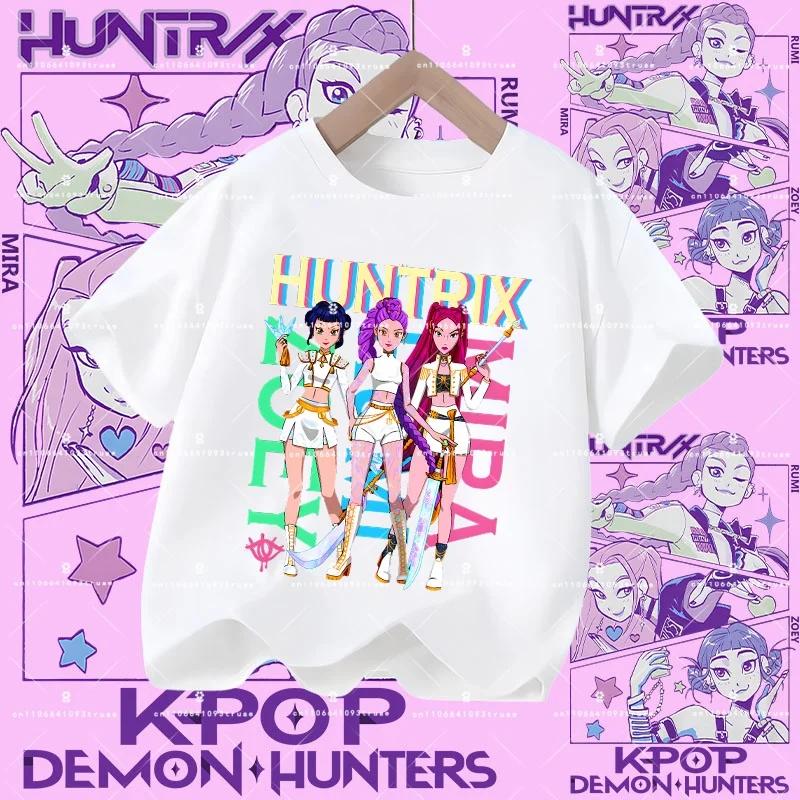 2026 New Kpop Demon Hunters Children's Polyester T-shirt - Girls' Casual Top with Cartoon Print - Summer Short-Sleeved Sports Shirt