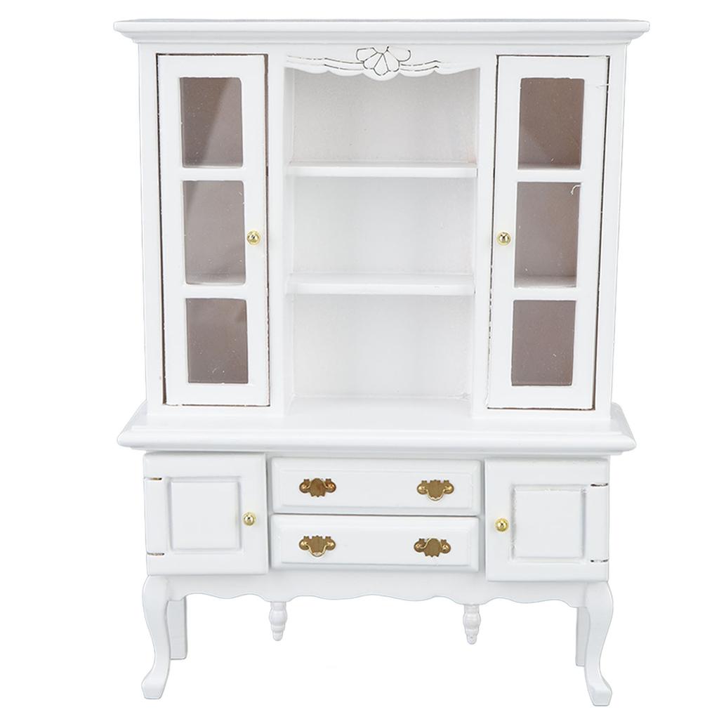 Miniature Cabinet Wooden 1/12 Scale Dollhouse Bookcase Cupboard with Openable Door Drawer for Room