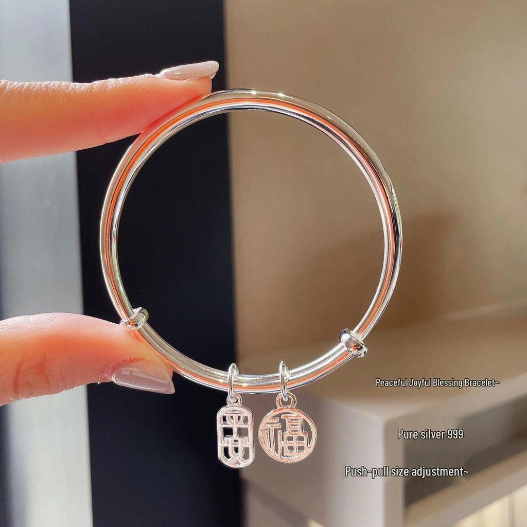999.9 Pure Silver Bangle - Women's Sterling Silver Bracelet, Qixi Valentine's Day Gift for Wife or Girlfriend