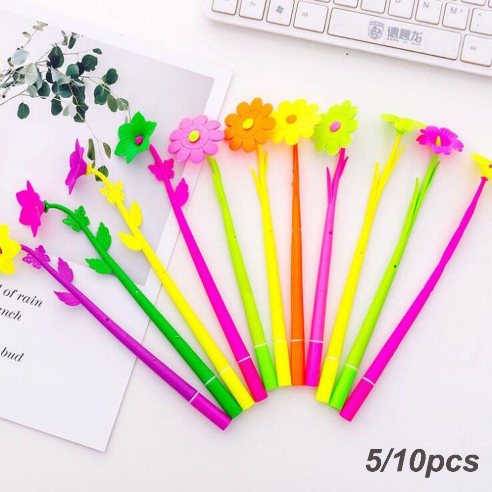 5/10pcs Color Random Gifts Stationery Colorful Soft Silicone Flowers Gel Pen Black Ink Ballpoint Pen