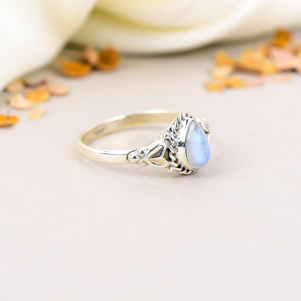 Кольцо ручной работы с радужным лунным камнем в стиле бохо из стерлингового серебра 925 пробы с драгоценными камнями в форме груши для женщин