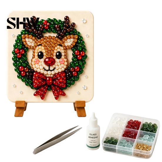 Family Activity Kit Christmas Mosaic Art Kit, DIY Sea Glass Santa Creative Leisure Projects Reindeer Artwork Craft for Home Decor, Handmade