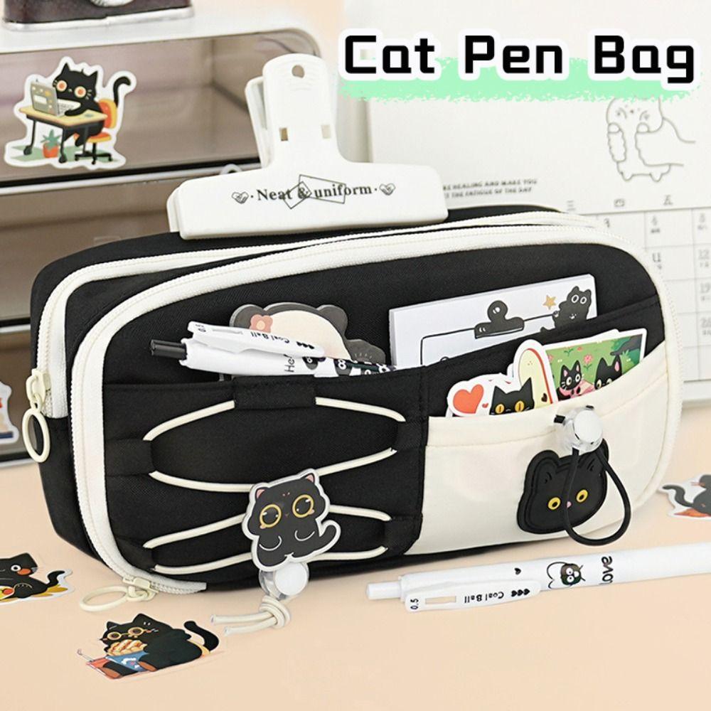 Black Cat Pen Bag Multi-layer Stationery Bag Cartoon Stationery Organizer Student Gift