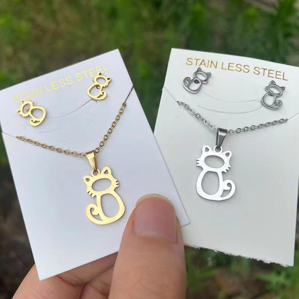 2pcs Set Korea Fashion Hollowed-out Cute Little Cat Stud Earrings Necklace Set for Women New Design Stainless Steel Jewelry Gift