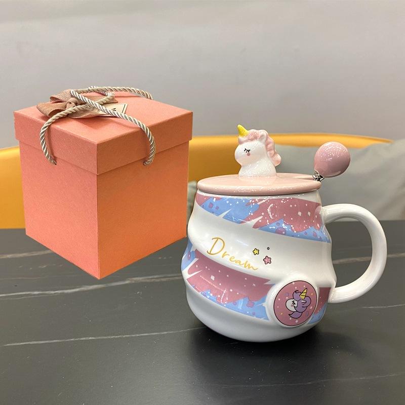 Сувенирная керамическая кружка-термос «Радужный единорог» с крышкой и ложкой, чашка для питья воды для девочки, офисная кофейная чашка