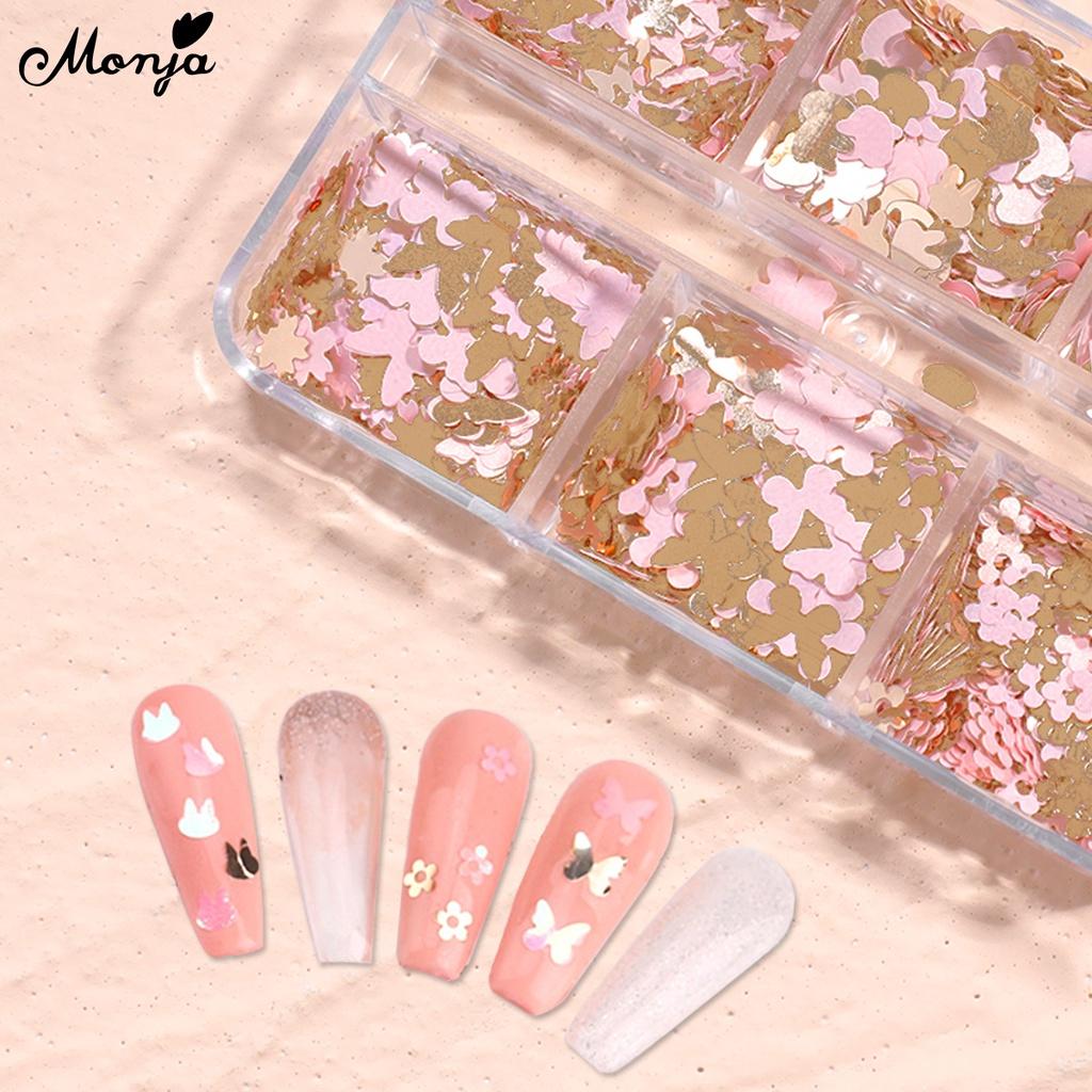 monja 6 сеток/коробка, блестящие 3D украшения для дизайна ногтей, цветы, бабочки, сердце, кролик, хлопья, пайетки, аксессуары для маникюра с блестками