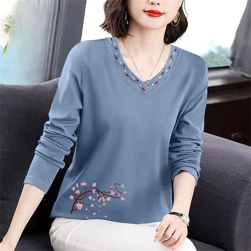 Long Sleeve Shirt Women Slim Fit Autumn Wear Plus Size Embroidered Floral Collar Top Mom Fall Spring Blouse