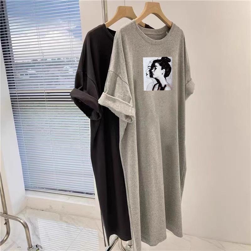 Корейское платье-футболка с коротким рукавом и принтом, летнее, средней длины, до колена, повседневное, большого размера, свободного кроя