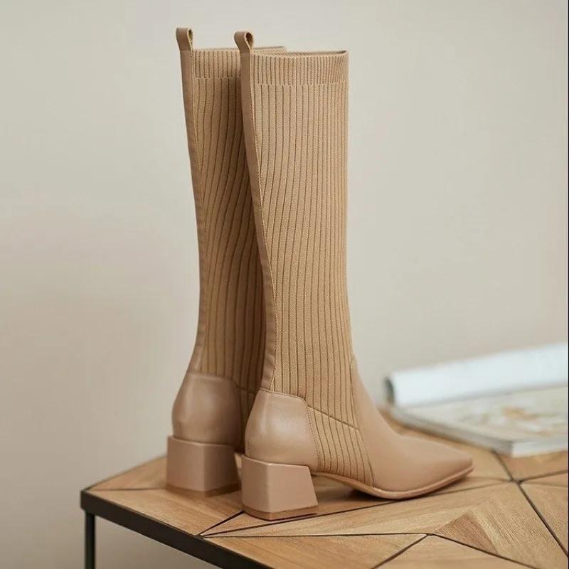 Мода 2024 года, высокие сапоги до колена, женские зимние сапоги, новинка, женская длинная обувь для женщин, элегантная осенняя коричневая танкетка, эластичная