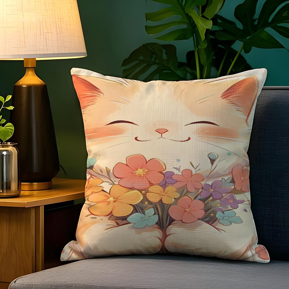 Cute cat illustration decoration  Pillow Case Natural Linen Pillow Case DoubleSided Decor Sofa Pillowcase Home Decor