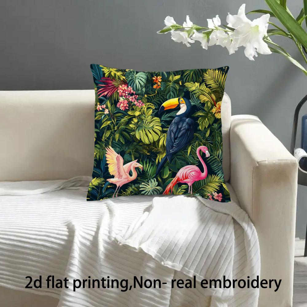 1pc Pillowcase, Jungle Pattern with Toucan, Flamingo And Parrot Design, Soft Comfortable Polyester Short Plush Fabric, Single-Sided Print, Multi-Size