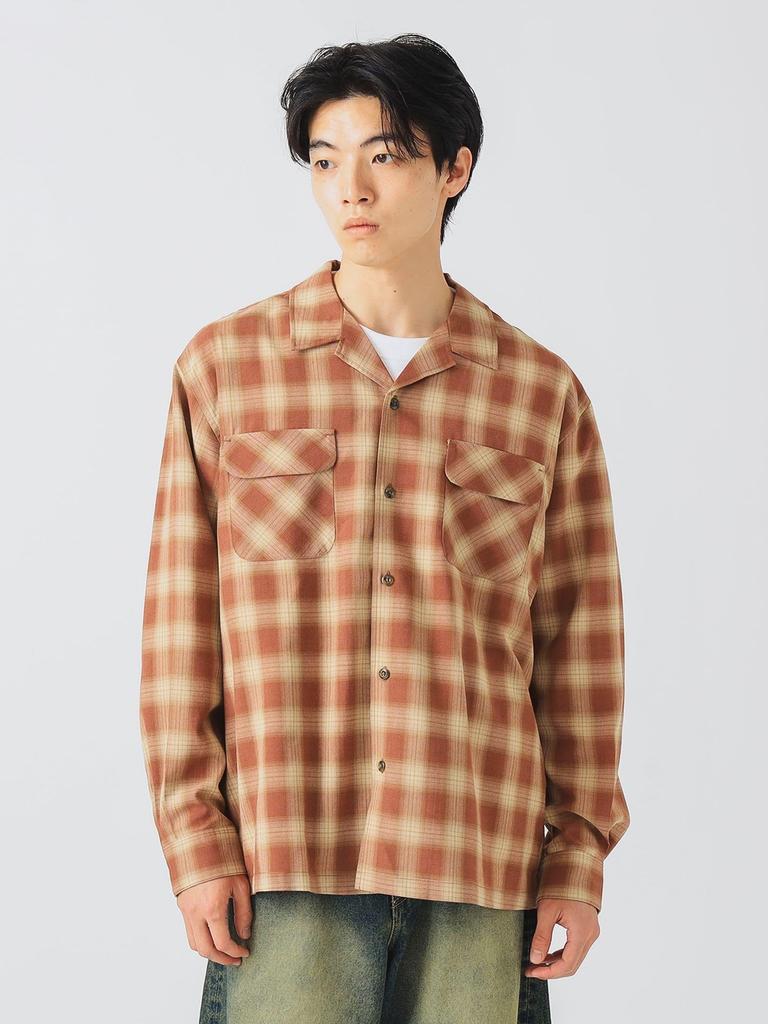 Beams Heart Men's Polyester Rayon Ombre Check Shirt, BRICK Size S