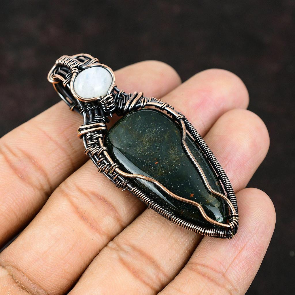 Подвеска из меди с драгоценным камнем-кровавым камнем, обернутая медной проволокой, ювелирное изделие ручной работы, подвеска из проволоки с радужным лунным камнем, подарок для нее, дизайнерские украшения