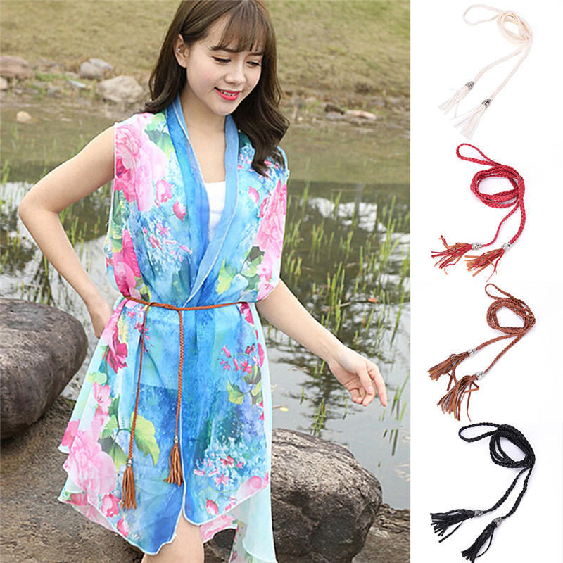 Boho Women Simple Pu Leather Tassel Braided Self-Tie Belt Thin Waist Rope Belt