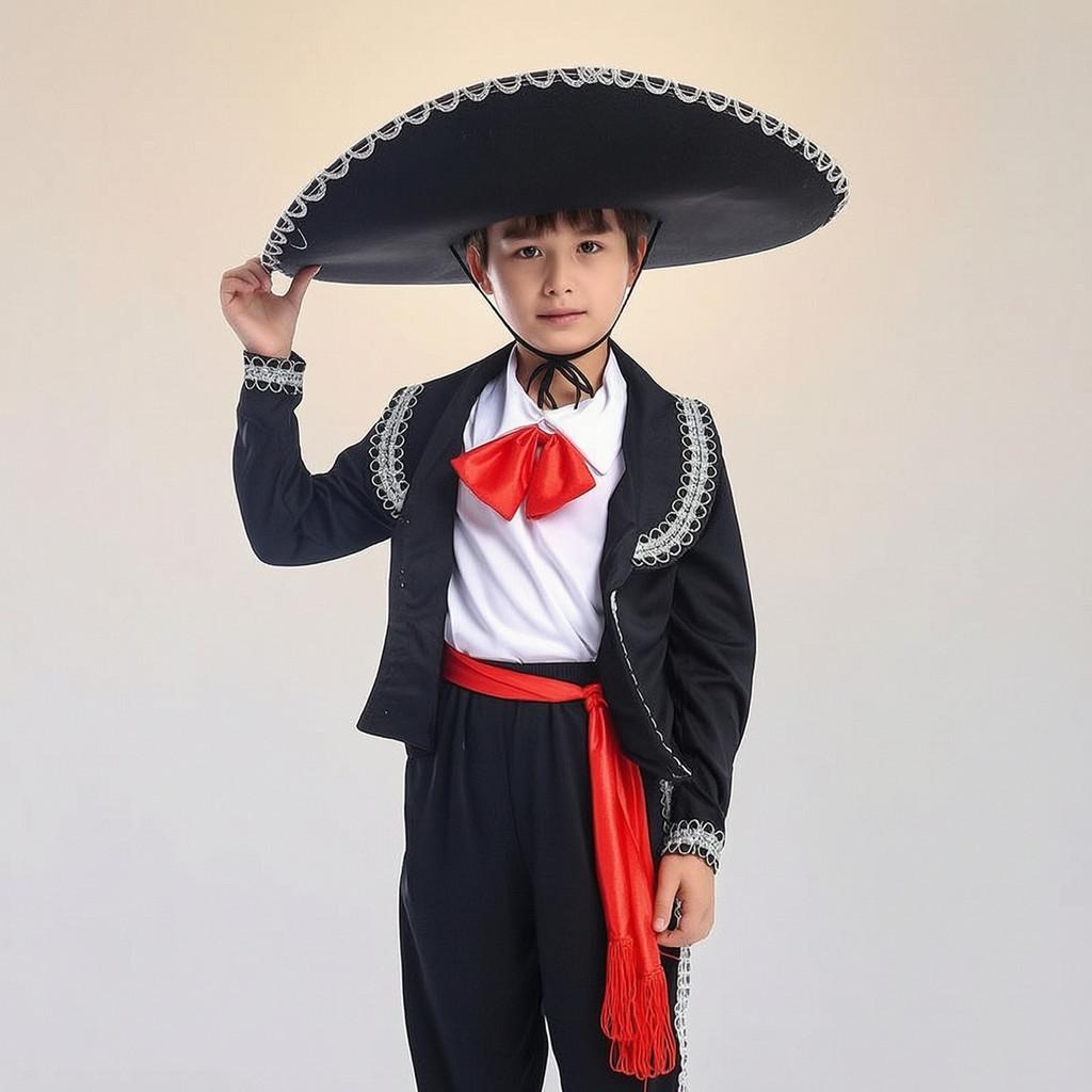 Ethnic Mexican Childrens Dance Attire With Printed Design And Long Sleeve For Stage Use