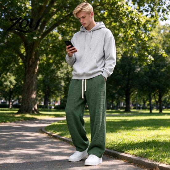 Versatile Outdoor Activewear Men Waffle Baggy Trousers, Wide Leg Drawstring Waist Slacks, Loose Fit Solid Color Pants Casual Sweatpants with