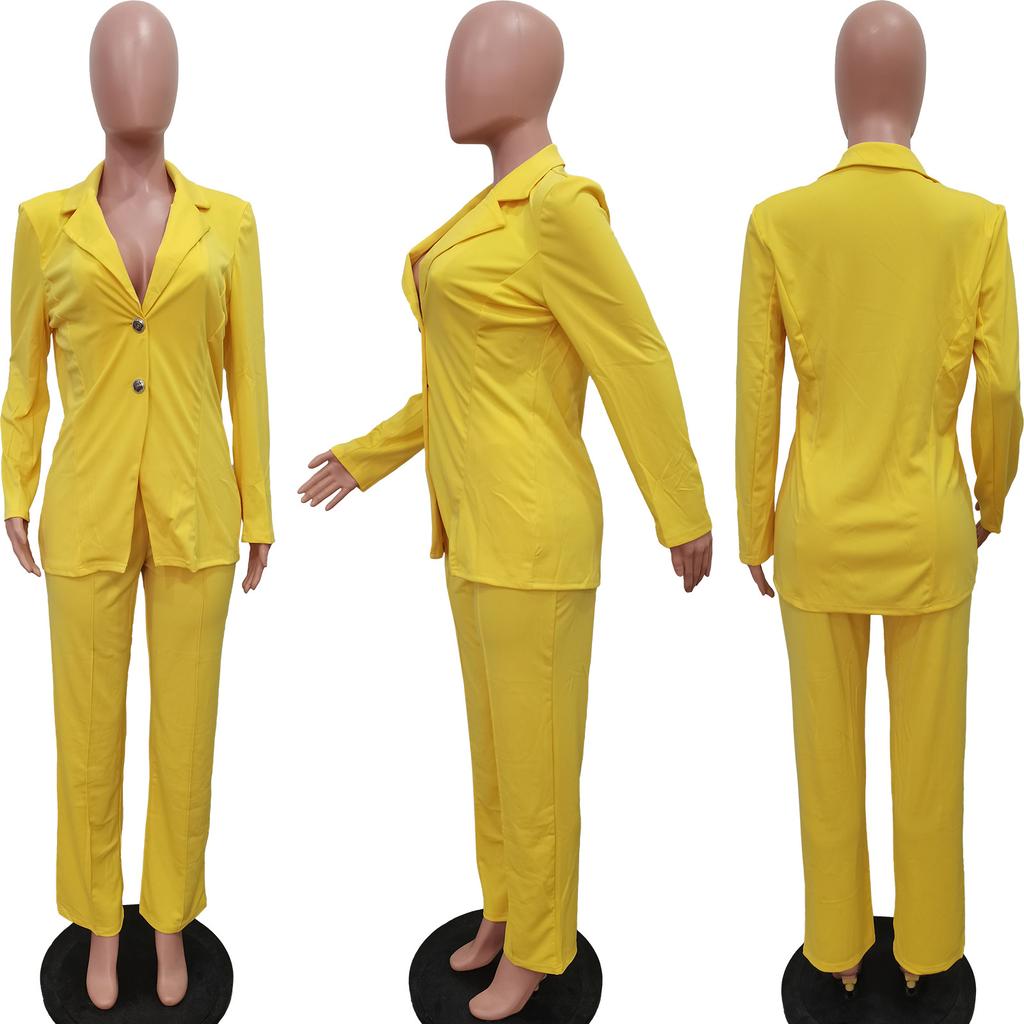 Women's Solid Color Two-Piece Suit Set with Notched Lapel and Button Closure, Elegant Long Pants Suit for Business Casual or Formal Wear