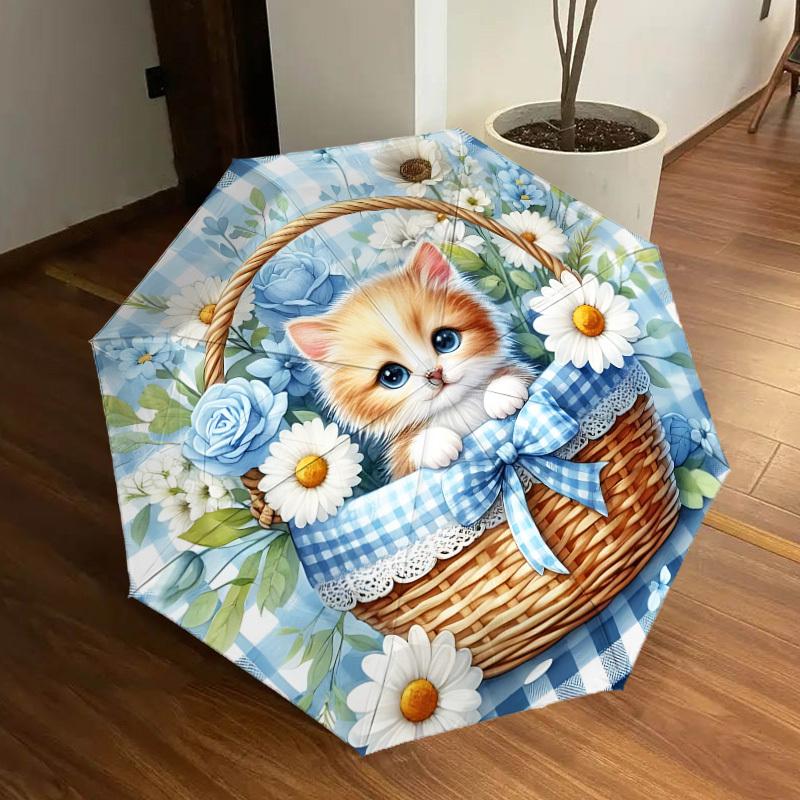 1pc Kitten Basket Automatic Folding Umbrella, 8 Ribs Iron Frame, Suitable for Outdoor Travel and Daily Use yy251120256