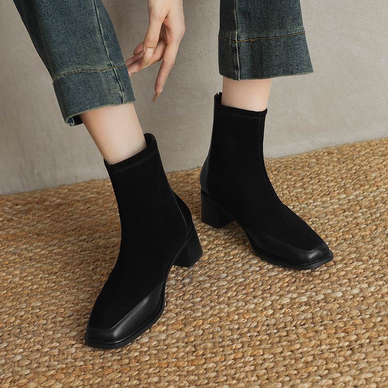 Krazing Pot Cow Suede Nubuck Autumn Winter Shoes Thick Heels Size 42 Square Toe Zipper Vintage Ankle Boots
