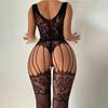 Sexy Halter Backless Underwear Women Mesh Floral Print Bra Set Elastic Fishnet Crotchless Bodystocking Erotic Lingerie Sets
