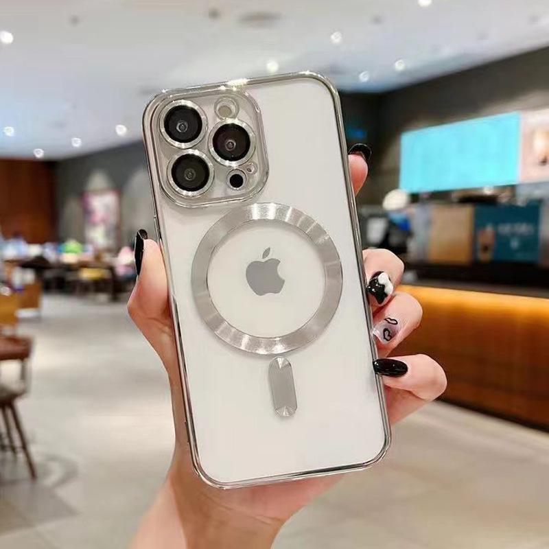 Магнитный гальванизированный ТПУ чехол для iPhone 15 Pro с защитной пленкой для объектива